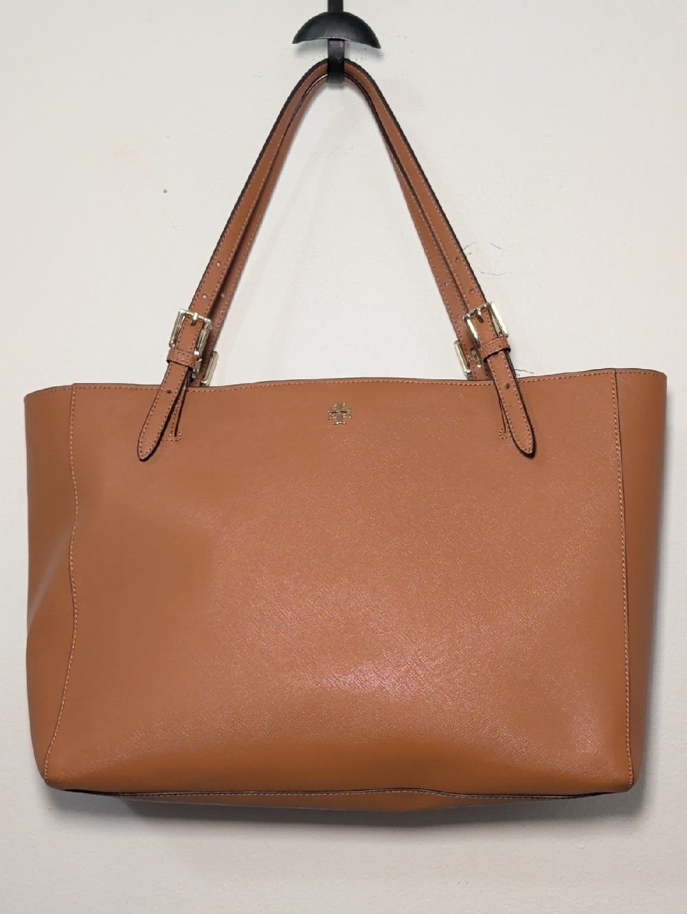 Tory Burch York Buckle Tote Bag Saffiano Leather Cognac Brown Gold Hardware